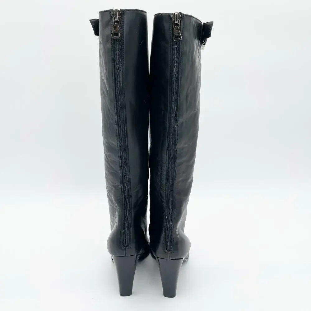 Vintage Prada Black Leather Square Toe Heeled Knee High Italian Boots 90s IT 36 - Picture 7 of 14